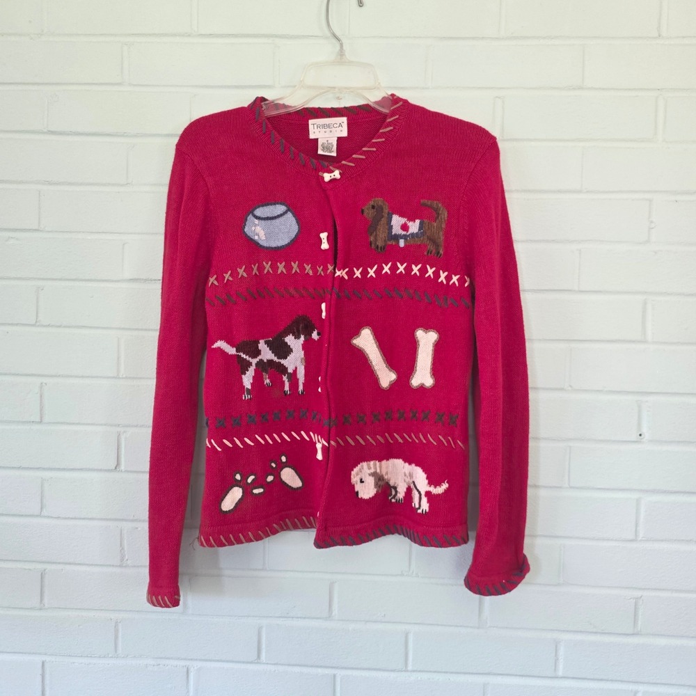 Vtg Tribeca Studio S Red Dog Theme Knit Cardigan Sweater Bone Buttons Read flaw